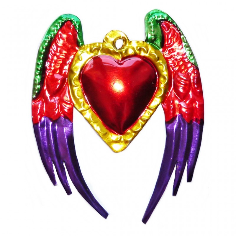 Tin sacred heart with angel wings Mexican religious onament Casa Frida