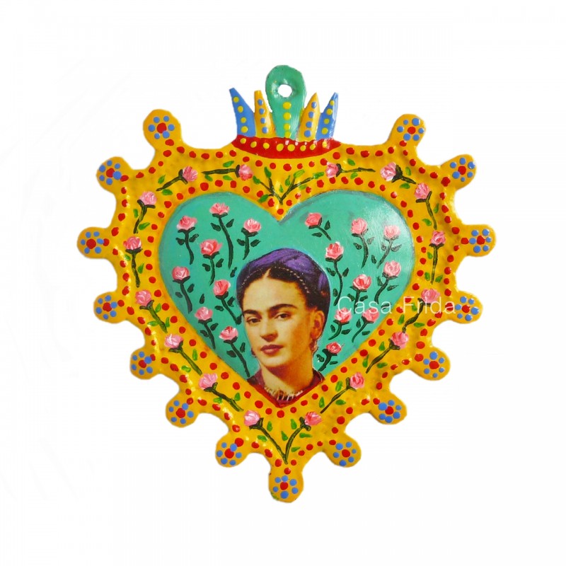 Mexican tin sacred heart with Frida Kahlo, in yellow