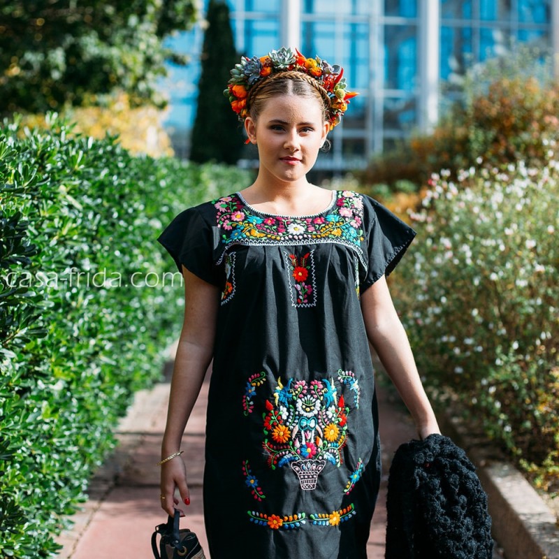 Mexican hand embroidered dress with flowers black