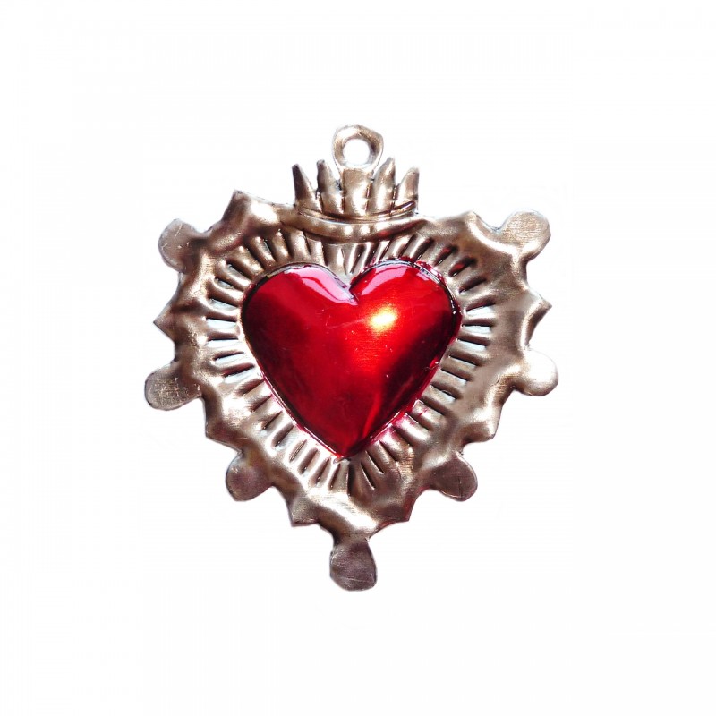 Mexican tin sacred heart. Folk art Painted metal in red and silver