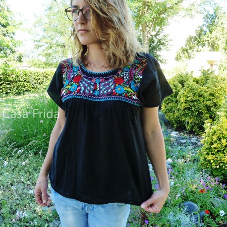 Embroidered blouse Pavo real - Black