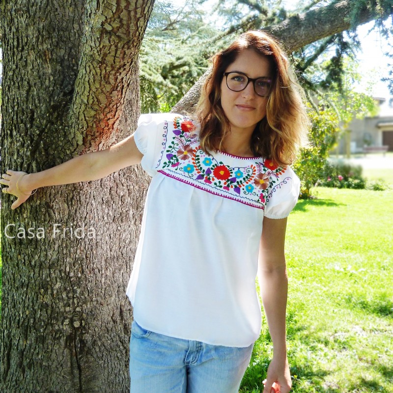 Mexican hand embroidered shirt with flowers, white