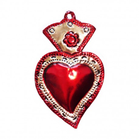 Tin sacred heart with flower - Red