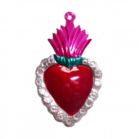 Coeur sacré à bordure fleurie - Rose - Déco mexicaine - Casa Frida