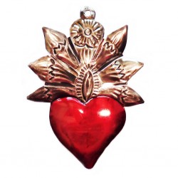 Mexican tin heart with flowers - Folk art plaque - Casa Frida