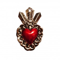  Sagrado corazón con flor y 3 hojas - Exvoto hojalata mexicana - Casa Frida