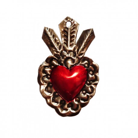  Sagrado corazón con flor y 3 hojas - Exvoto hojalata mexicana - Casa Frida