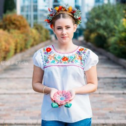 Blouse mexicaine blanche - Tunique brodée taille M - Casa Frida