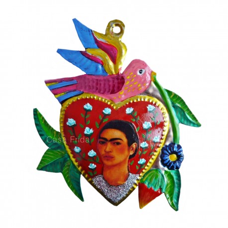Corazón pintado Frida Kahlo con pajaro