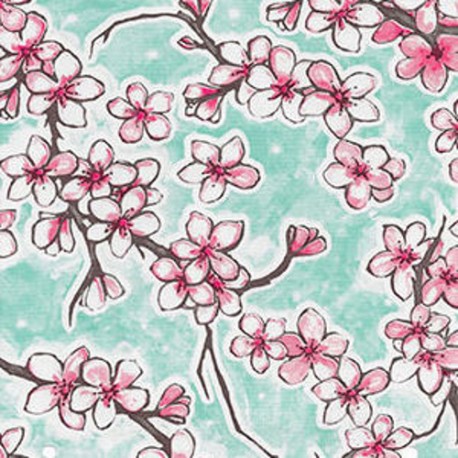 Turquoise Flor de cereza oilcloth