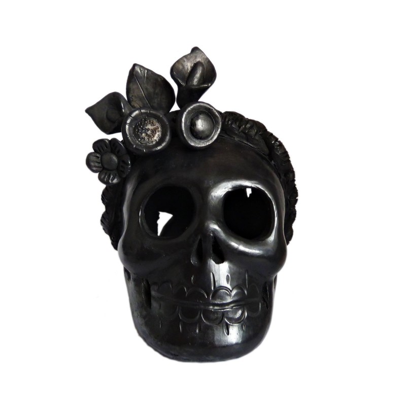 Cráneo grande de Barro Negro - Cráneo decorado mexicano de México