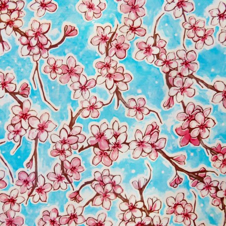 Blue Flor de cereza oilcloth