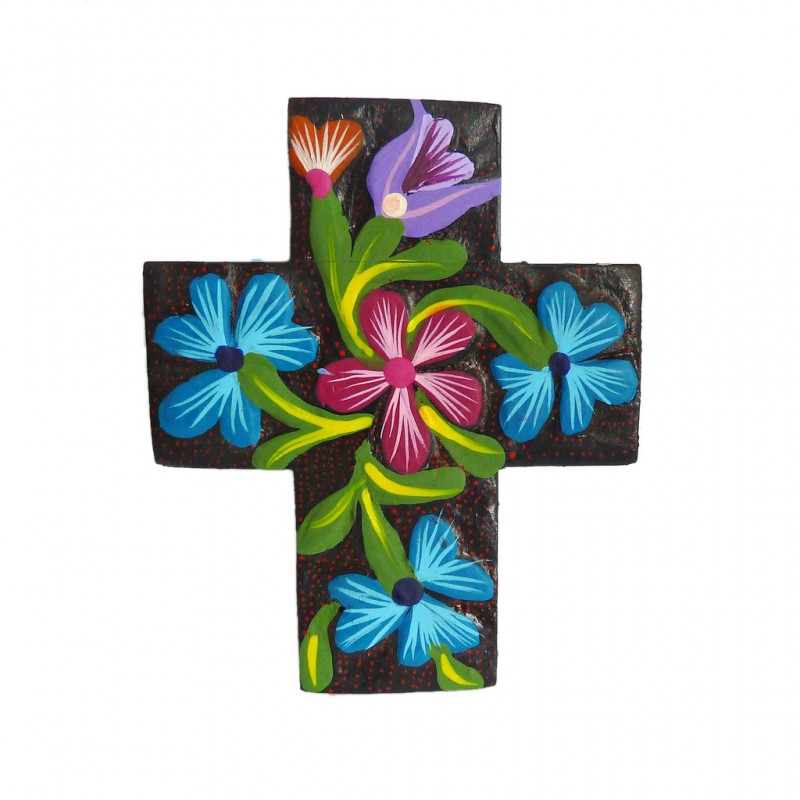 Cruz de flores Negro - Escultura madera de Copal de México - Casa Frida
