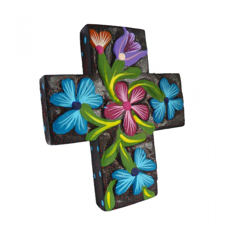 Cruz de flores Negro - Escultura madera de Copal de México - Casa Frida