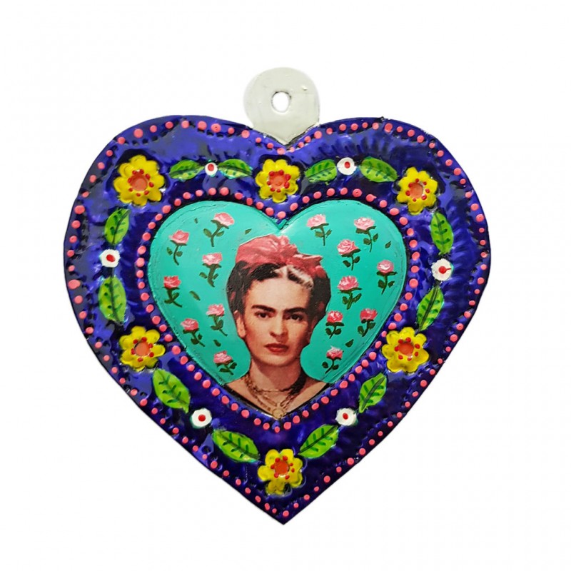 Turquoise Frida Kahlo painted heart - Mexican tin ex voto - Casa Frida