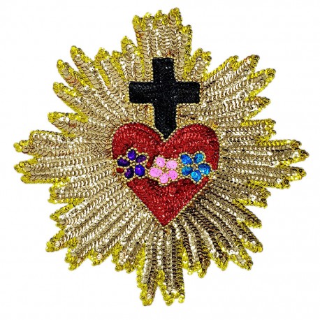 Sacred heart embroidered with sunburst iron-on patch 14x11 cm