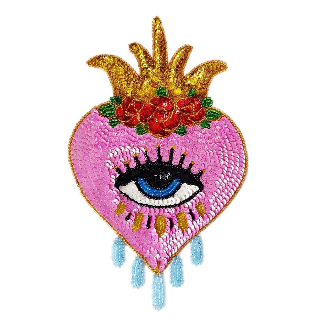 Pink Sacred heart with eye Sequin patchh - Bead applique - Casa Frida