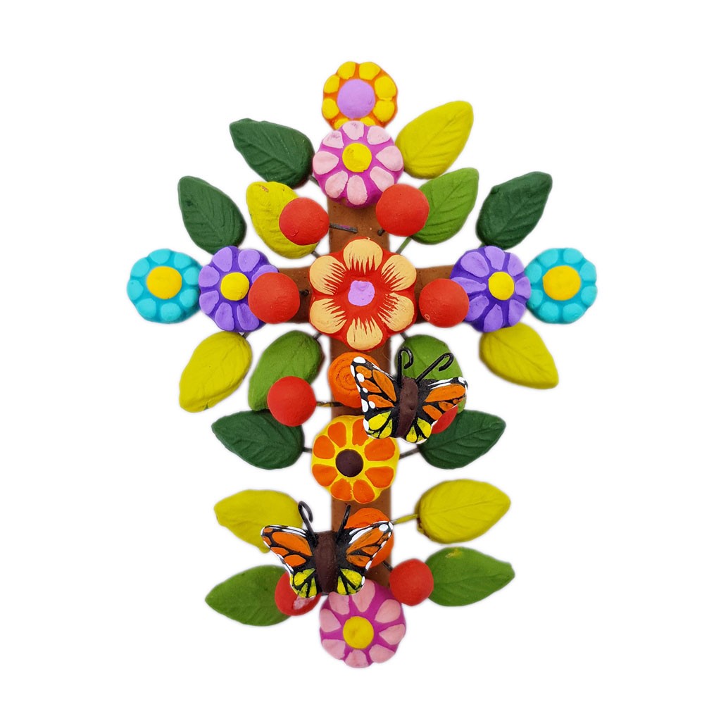 Cruz Flores y mariposas - Cruz de barro decorativa - Casa Frida