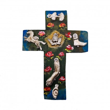 WOOD CROSS ANGEL FORM WITH TIN MILAGROS AND BEADED MEDALLIONS 11 X 9