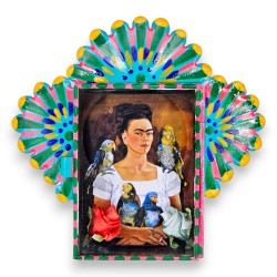 Frida Kahlo with her parrots tin shrine