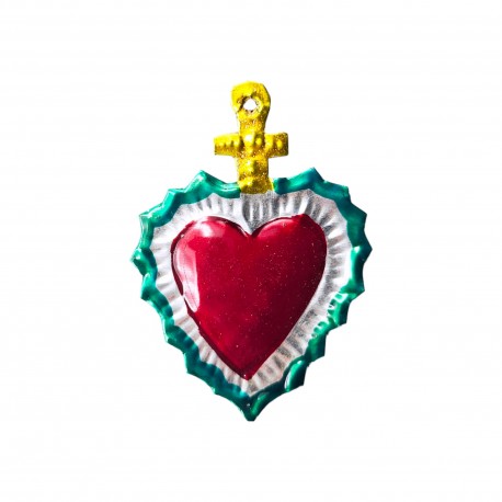 Tin sacred heart with cross Green