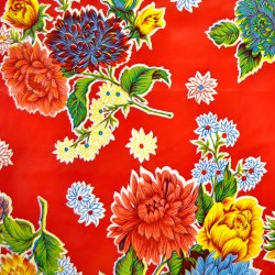 Red Crisantemos oilcloth offcut