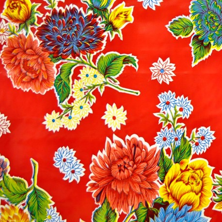Red Crisantemos oilcloth offcut