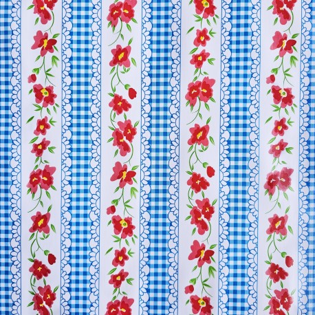 Blue Gingham and flowers oilcloth