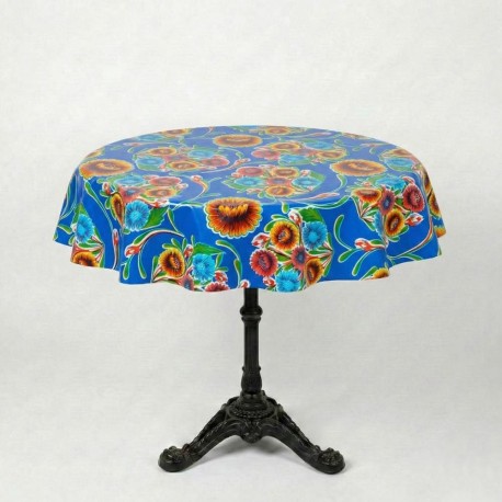 Mantel redondo en hule mexicano Dulce Flor Azul Rey, estampado Dahlia - Casa Frida