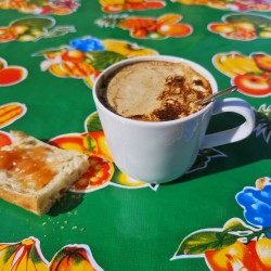 Morning Sweetness: Coffee and Orange Marmalade Toast Served on Authentic 'Carambola Vert' Mexican Oilcloth - Casa Frida
